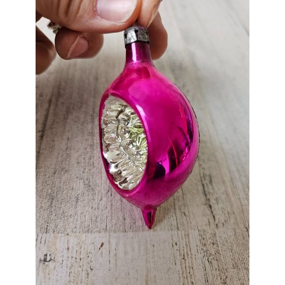 Vintage Poland indent reflector pink mini ornament glass Xmas glitter tree - Picture 2 of 9